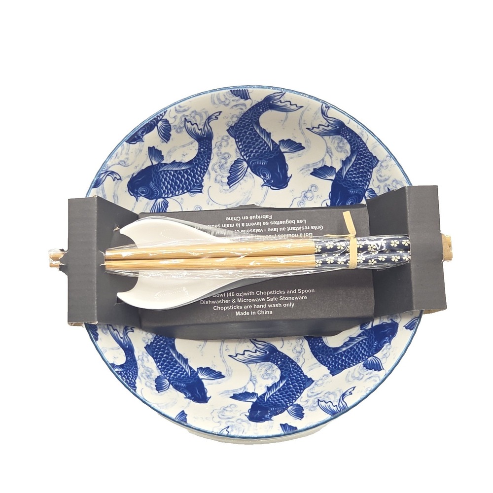 SH Home 8pc Blue Koi Fish Pattern Ramen Noodle Bowl Set With Chopsticks & Spoons